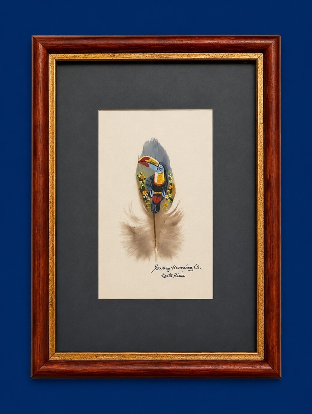 Vtg ARTISAN Signed Costa Rica Framed Feather Art with Toucan Design